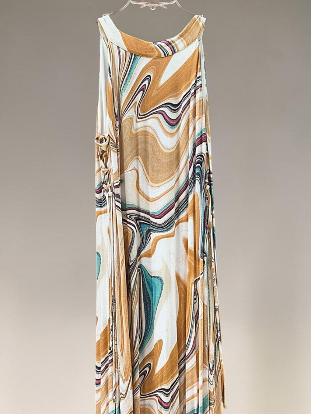 Women's Abstract Marble Print Maxi Dress Size Large – Sleeveless Open Back Tie